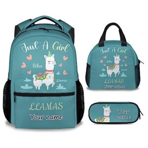 personalized llama backpack with lunch box set for girls boys, 3 in 1 primary middle school backpacks matching combo, large capacity, durable, lightweight, teal bookbag and pencil case bundle