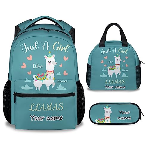 Personalized Llama Backpack with Lunch Box Set for Girls Boys, 3 in 1 Primary Middle School Backpacks Matching Combo, Large Capacity, Durable, Lightweight, Teal Bookbag and Pencil Case Bundle