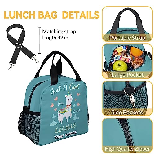 Personalized Llama Backpack with Lunch Box Set for Girls Boys, 3 in 1 Primary Middle School Backpacks Matching Combo, Large Capacity, Durable, Lightweight, Teal Bookbag and Pencil Case Bundle