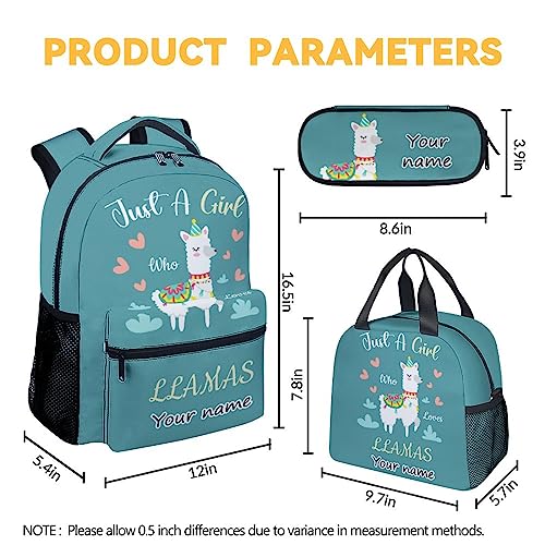 Personalized Llama Backpack with Lunch Box Set for Girls Boys, 3 in 1 Primary Middle School Backpacks Matching Combo, Large Capacity, Durable, Lightweight, Teal Bookbag and Pencil Case Bundle
