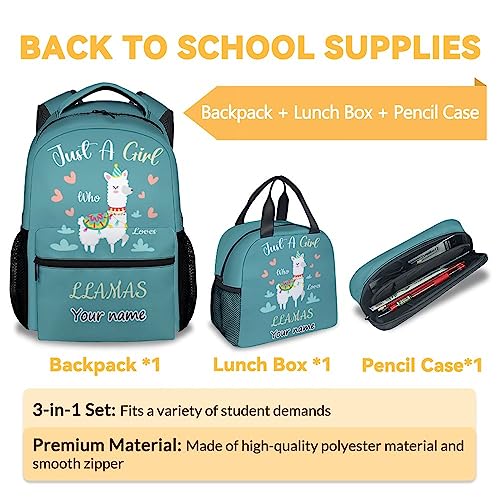 Personalized Llama Backpack with Lunch Box Set for Girls Boys, 3 in 1 Primary Middle School Backpacks Matching Combo, Large Capacity, Durable, Lightweight, Teal Bookbag and Pencil Case Bundle