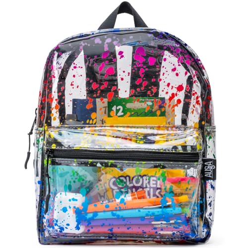 Aussa Heavy Duty Clear Backpack, Clear Bag Stadium Approved for School, Concerts, Games, Small Backpack 12x6x12 Clear Stadium Bag, Clear Backpack for Girls, Boys, Adults Bookbag - Paint Splatter