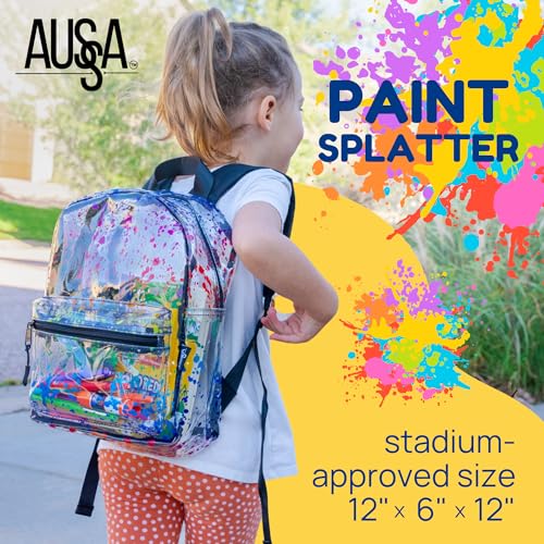 Aussa Heavy Duty Clear Backpack, Clear Bag Stadium Approved for School, Concerts, Games, Small Backpack 12x6x12 Clear Stadium Bag, Clear Backpack for Girls, Boys, Adults Bookbag - Paint Splatter