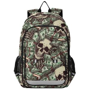 senya backpack for boys girls, vintage money skull skeleton backpack students bookbag daypack for school primary teens