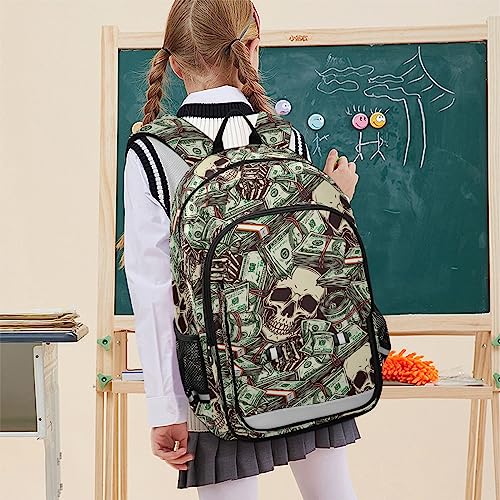 senya Backpack for Boys Girls, Vintage Money Skull Skeleton Backpack Students Bookbag Daypack for School Primary Teens