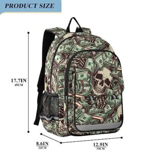 senya Backpack for Boys Girls, Vintage Money Skull Skeleton Backpack Students Bookbag Daypack for School Primary Teens