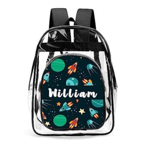 ecautly personalized clear backpack for boys, custom rocket pattern clear backpack with name, pvc see through transparent for boys school waterproof backpack, back to school gifts for boys kids