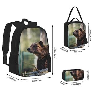 Grizzly Bear Print Backpack Large Capacity Travel Daypack With Lunch Bag And Pencil Case 3 In 1 For Women Men