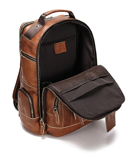 LANNSYNE Vintage Genuine Leather Backpack for Men, 15.6" Laptop Backpack Camping Travel 24L Rucksack