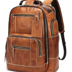 LANNSYNE Vintage Genuine Leather Backpack for Men, 15.6" Laptop Backpack Camping Travel 24L Rucksack