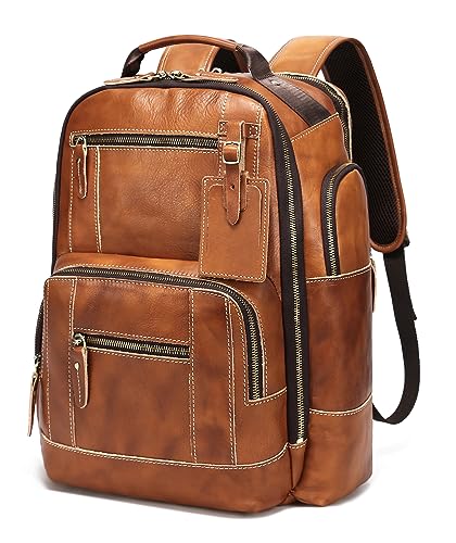 LANNSYNE Vintage Genuine Leather Backpack for Men, 15.6" Laptop Backpack Camping Travel 24L Rucksack