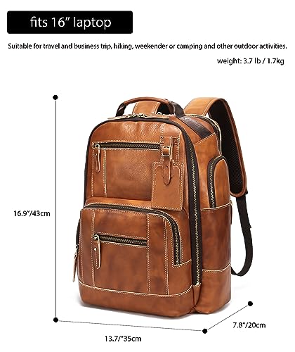 LANNSYNE Vintage Genuine Leather Backpack for Men, 15.6" Laptop Backpack Camping Travel 24L Rucksack