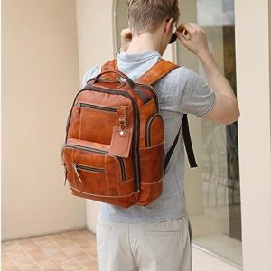 LANNSYNE Vintage Genuine Leather Backpack for Men, 15.6" Laptop Backpack Camping Travel 24L Rucksack