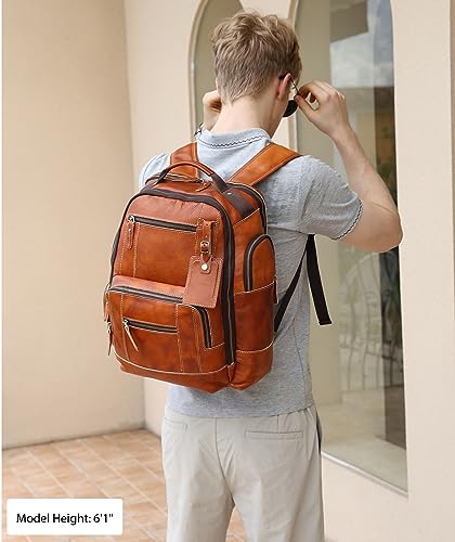 LANNSYNE Vintage Genuine Leather Backpack for Men, 15.6" Laptop Backpack Camping Travel 24L Rucksack