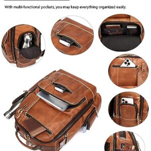 LANNSYNE Vintage Genuine Leather Backpack for Men, 15.6" Laptop Backpack Camping Travel 24L Rucksack