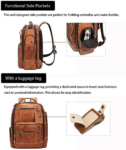 LANNSYNE Vintage Genuine Leather Backpack for Men, 15.6" Laptop Backpack Camping Travel 24L Rucksack