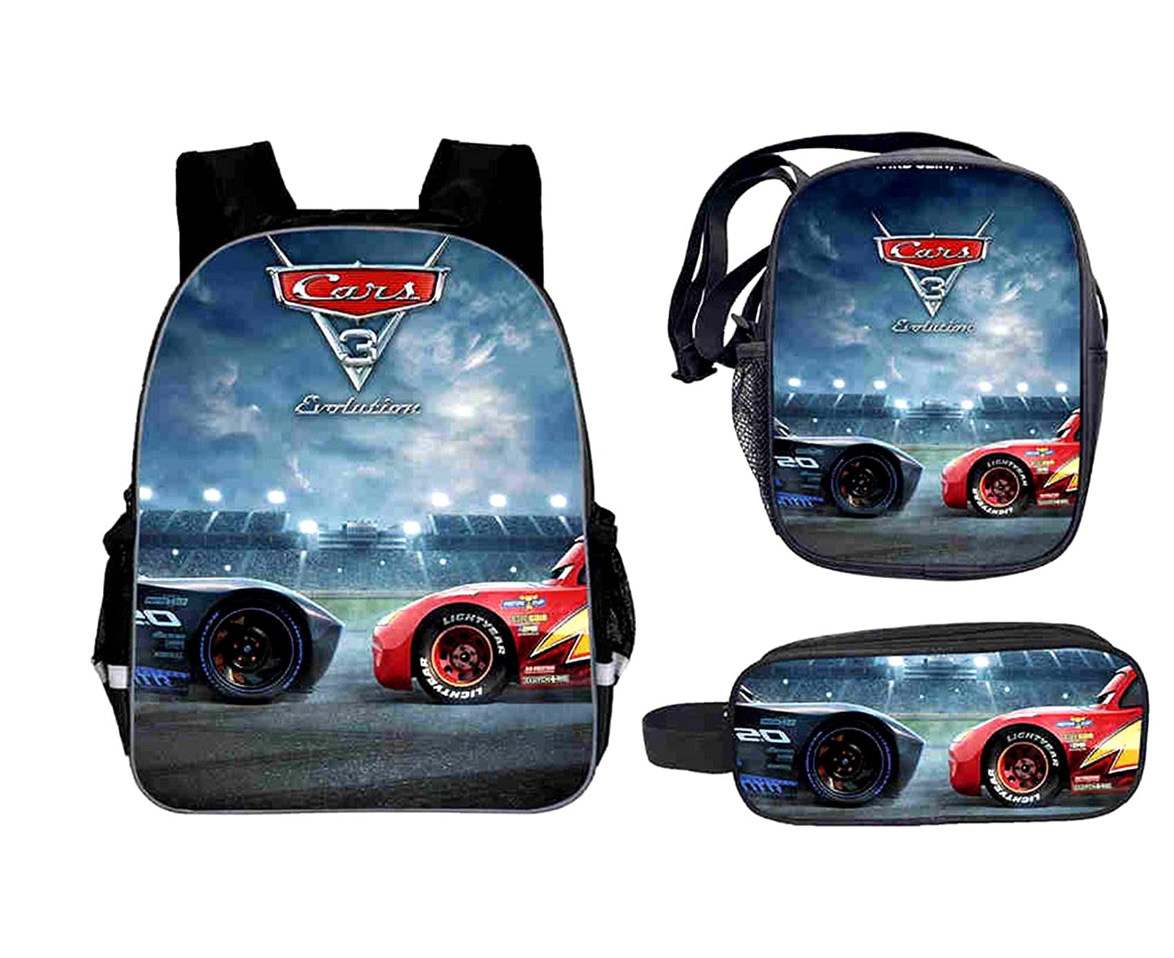 Waroost Youth Lightning McQueen Cars Daypack 3 PCS Set-Lightweight Book Bag+Durable Small Case+Novelty Shoulder Bag