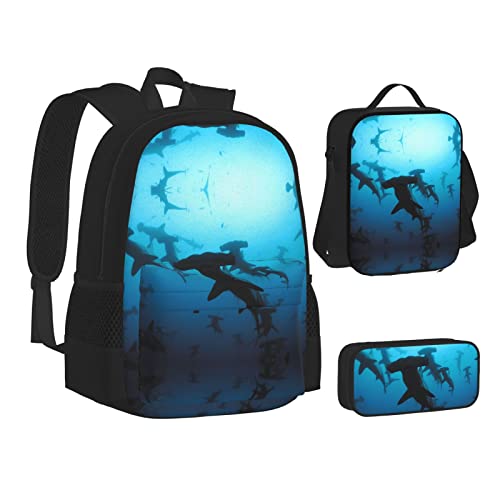 MQGMZ Hammerhead Sharks Print Backpack 3 Pcs Set Travel Hiking Lightweight Water Laptop Pencil Case Insulated Lunch Bag