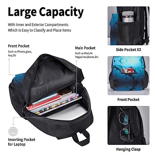 MQGMZ Hammerhead Sharks Print Backpack 3 Pcs Set Travel Hiking Lightweight Water Laptop Pencil Case Insulated Lunch Bag