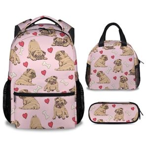 gihswe pug backpack with lunch box, set of 3 school backpacks matching combo for girls boys, cute lightweight bookbag and pencil case bundle