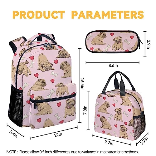 GIHSWE Pug Backpack with Lunch Box, Set of 3 School Backpacks Matching Combo for Girls Boys, Cute Lightweight Bookbag and Pencil Case Bundle