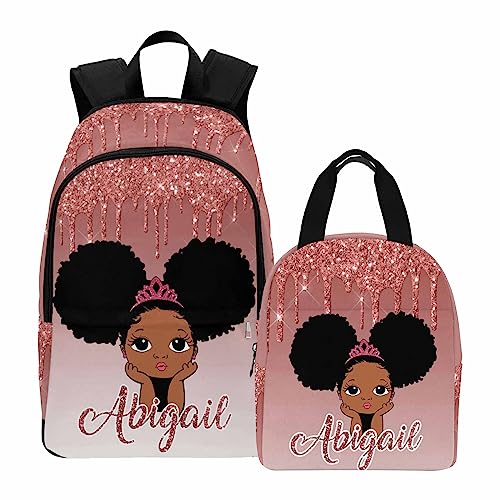 InterestPrint Customized Girls Bookbag with Lunch Bag, Personalized Pink Glitter Crown Knapsack Backpack Custom Backpack and Lunch Box for Daughter Granddaughter Birthday