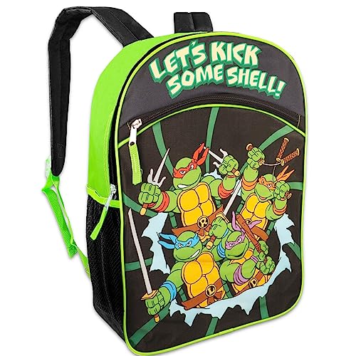 Teenage Mutant Ninja Turtles Backpack Set - Bundle with 16” TMNT Backpack for Boys, Water Pouch, Stickers, More | TMNT Backpack for School