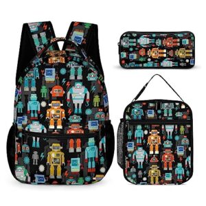 oallpu 3PCS Cartoon Robots Backpack, Cool Shoulders Backpack Lightweight Durable Vintage Robots Laptop Bag, 17 Inch Daypack with Multiple Pockets(Vintage Robots)