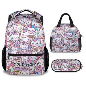 personalized unicorn backpack with lunch box set for girls boys, 3 in 1 primary middle school backpacks matching combo, large capacity, durable, lightweight, pink bookbag and pencil case bundle
