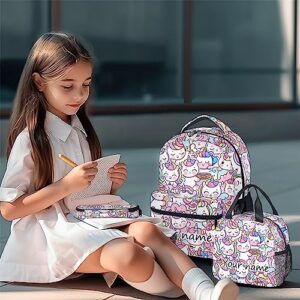 Personalized Unicorn Backpack with Lunch Box Set for Girls Boys, 3 in 1 Primary Middle School Backpacks Matching Combo, Large Capacity, Durable, Lightweight, Pink Bookbag and Pencil Case Bundle