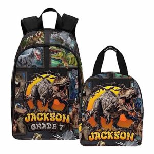 interestprint customized boys bookbag with lunch bag, personalized grey framed dino knapsack backpack custom backpack and lunch box for son grandson nephew birthday