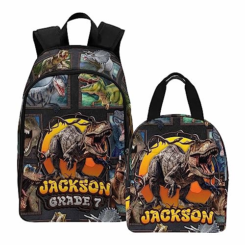 InterestPrint Customized Boys Bookbag with Lunch Bag, Personalized Grey Framed Dino Knapsack Backpack Custom Backpack and Lunch Box for Son Grandson Nephew Birthday