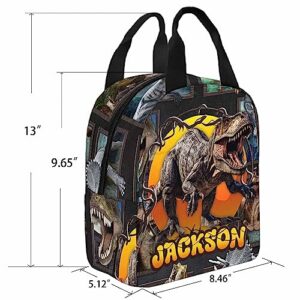 InterestPrint Customized Boys Bookbag with Lunch Bag, Personalized Grey Framed Dino Knapsack Backpack Custom Backpack and Lunch Box for Son Grandson Nephew Birthday