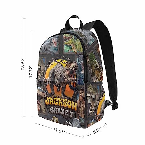 InterestPrint Customized Boys Bookbag with Lunch Bag, Personalized Grey Framed Dino Knapsack Backpack Custom Backpack and Lunch Box for Son Grandson Nephew Birthday