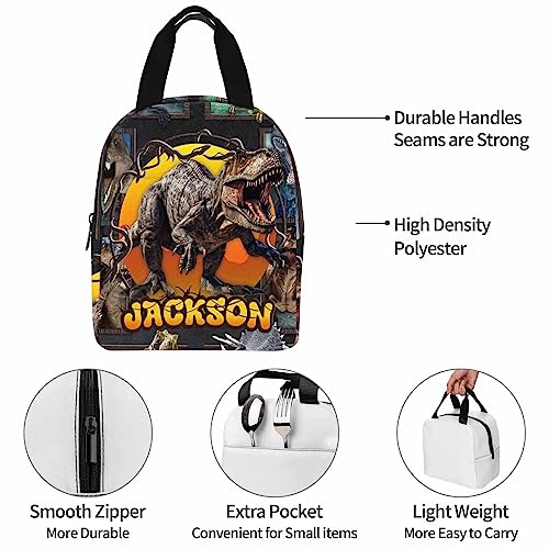 InterestPrint Customized Boys Bookbag with Lunch Bag, Personalized Grey Framed Dino Knapsack Backpack Custom Backpack and Lunch Box for Son Grandson Nephew Birthday