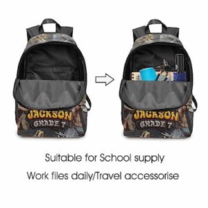 InterestPrint Customized Boys Bookbag with Lunch Bag, Personalized Grey Framed Dino Knapsack Backpack Custom Backpack and Lunch Box for Son Grandson Nephew Birthday