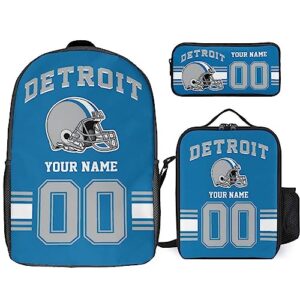 midkepf custom detroit backpack with lunch bag pencil case, personalized name and number backpacks pencil box lunch bags, customize 3pcs set gifts for men women fans