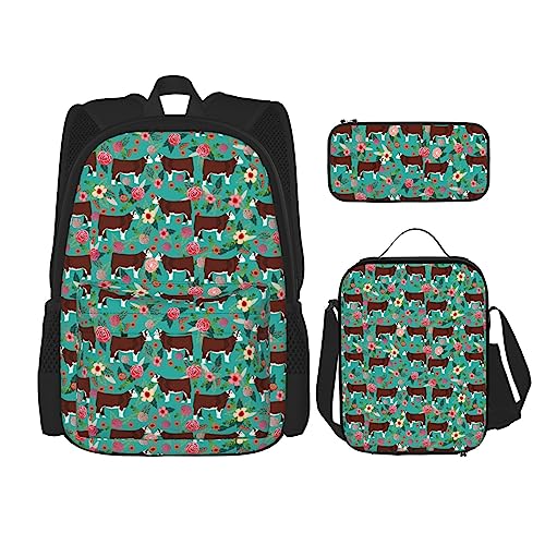 JZDACH Backpack Set Compatible With Hereford Cow Cattle Floral Bookbag With Lunch Bags And Pencil Case For Unisex