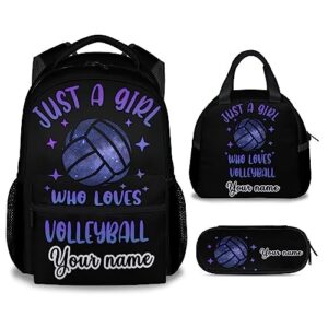 personalized volleyball backpack with lunch box and pencil case set, 3 in 1 matching teen girls purple backpacks combo, sports bookbag and pencil case bundle