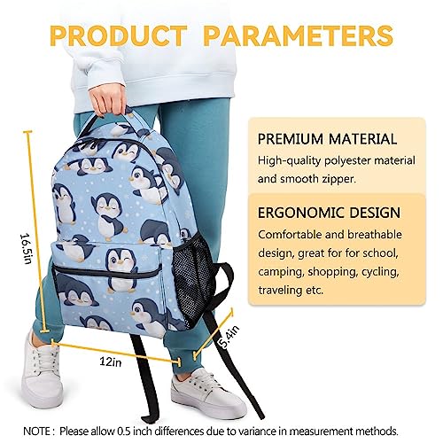 KNOWPHST Penguin Backpacks for Girls, 16 Inch Cute Backpack for School, Blue, Large Capacity, Durable, Lightweight Bookbag for Boys Travel