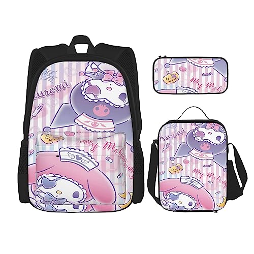 ORPJXIO Backpack 3 Piece Set Kuromi Anime My Melody Laptop Backpack Pencil Case Lunch Bag Combination For Travel Work Camping