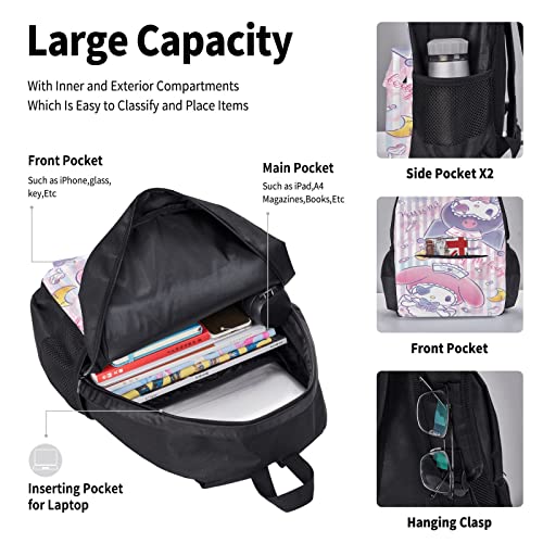 ORPJXIO Backpack 3 Piece Set Kuromi Anime My Melody Laptop Backpack Pencil Case Lunch Bag Combination For Travel Work Camping