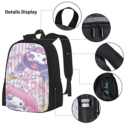 ORPJXIO Backpack 3 Piece Set Kuromi Anime My Melody Laptop Backpack Pencil Case Lunch Bag Combination For Travel Work Camping