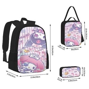 ORPJXIO Backpack 3 Piece Set Kuromi Anime My Melody Laptop Backpack Pencil Case Lunch Bag Combination For Travel Work Camping