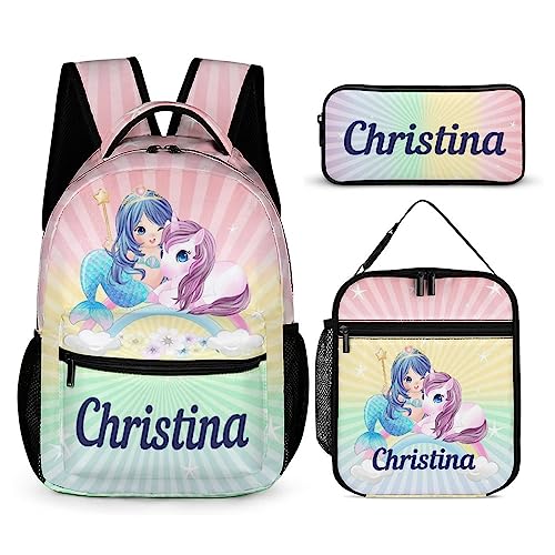 Artsadd Custom Backpack with Name Personalized Unicorn Mermaid Backpack Travel Laptop Backpack 3 Piece Backpack Set