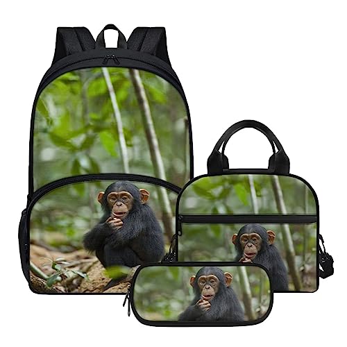 Chimpanzee Backpack Lunchbox Set School Bookbag with Lunch Bag and Pencil Case Pen Stationery Bag