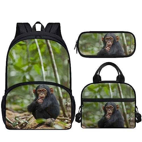 Chimpanzee Backpack Lunchbox Set School Bookbag with Lunch Bag and Pencil Case Pen Stationery Bag