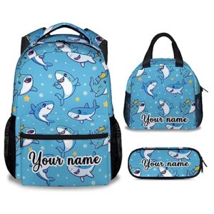 personalized shark backpack with lunch box and pencil case set, 3 in 1 matching boys girls blue backpacks combo, cute bookbag and pencil case bundle