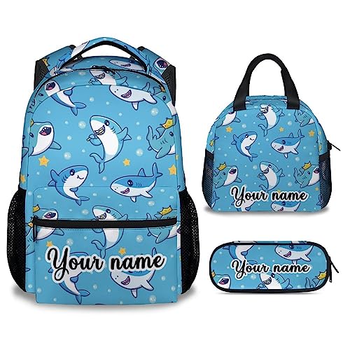 Personalized Shark Backpack with Lunch Box And Pencil Case Set, 3 in 1 Matching Boys Girls Blue Backpacks Combo, Cute Bookbag And Pencil Case Bundle