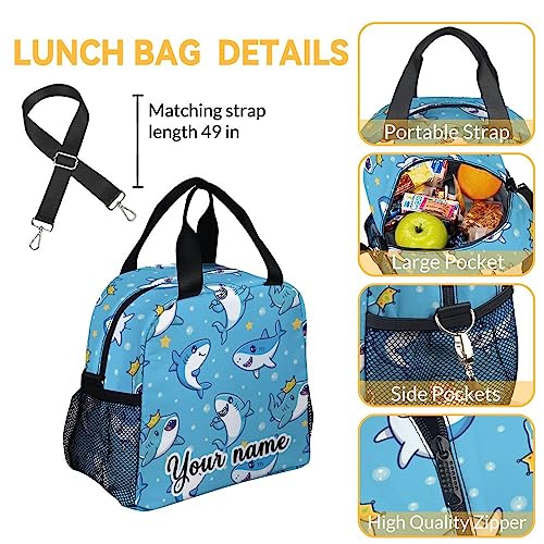 Personalized Shark Backpack with Lunch Box And Pencil Case Set, 3 in 1 Matching Boys Girls Blue Backpacks Combo, Cute Bookbag And Pencil Case Bundle